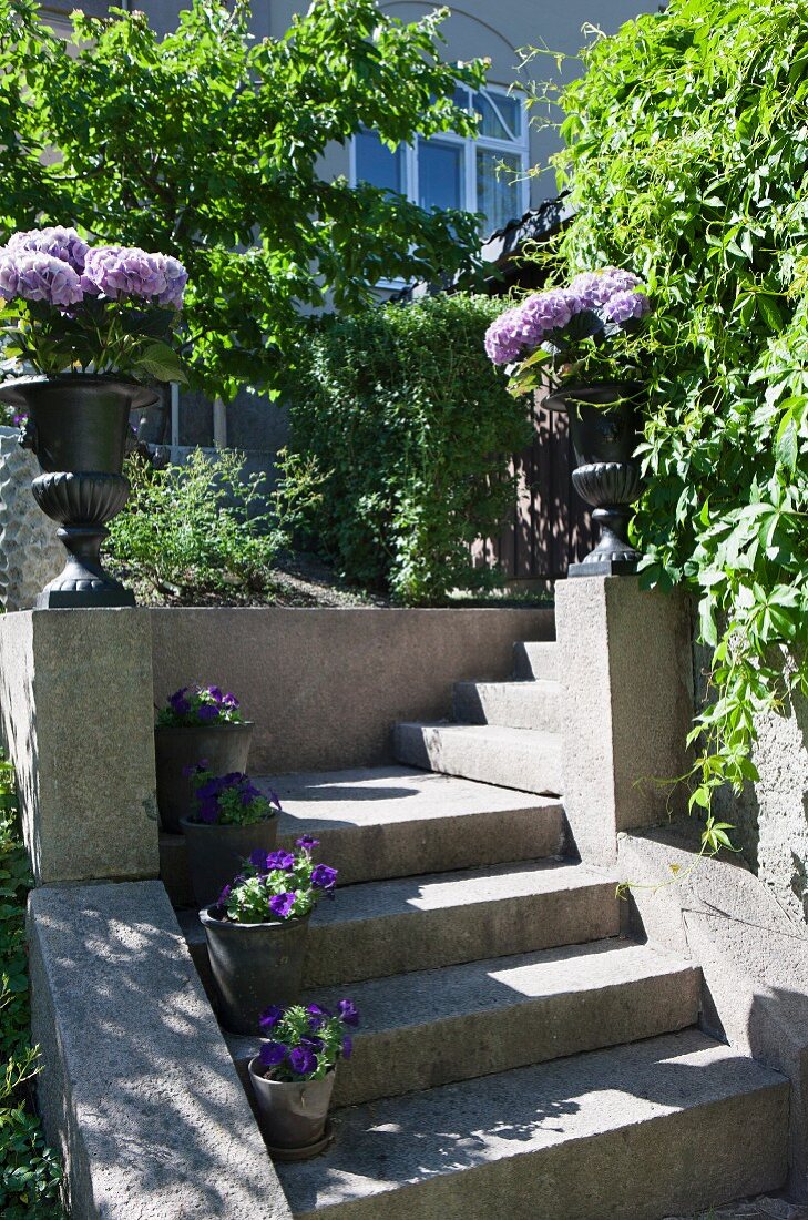Masonry steps with potted plants on treads and balustrade