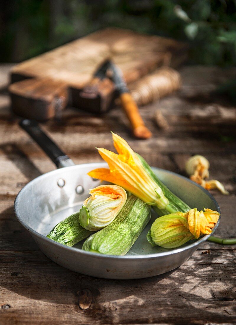 Zucchini und Zucchiniblüten in Metallpfanne