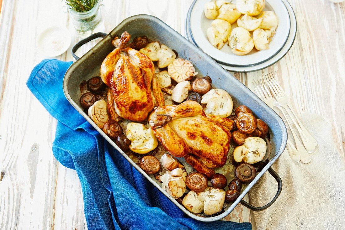Chicken with potatoes, garlic and mushrooms