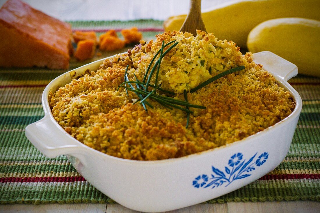 Butternut squash bake with cheddar cheese and chives