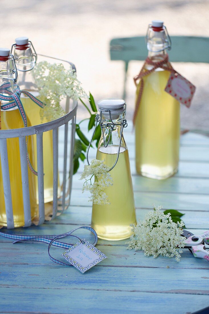 Elderflower syrup in flip-top bottles