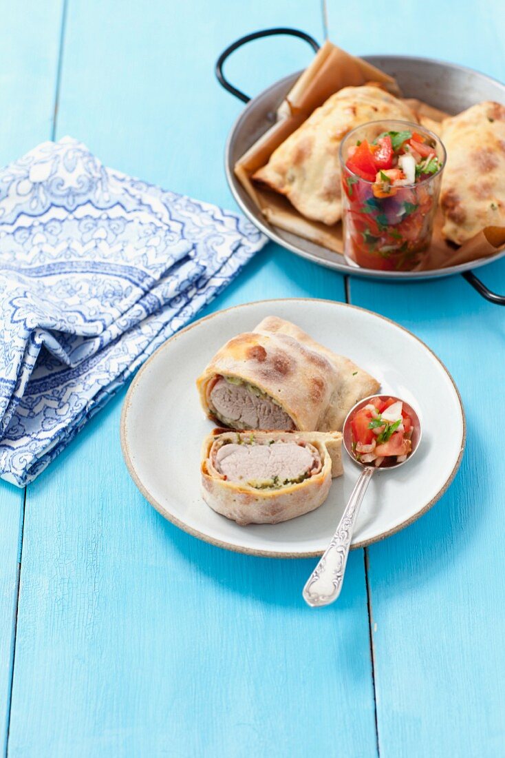 Pork fillet wrapped in pastry with tomato salsa