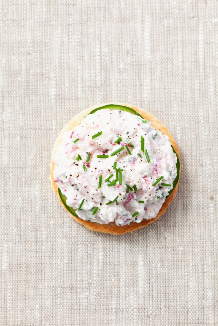 A slice of toast topped with radish quark and chives