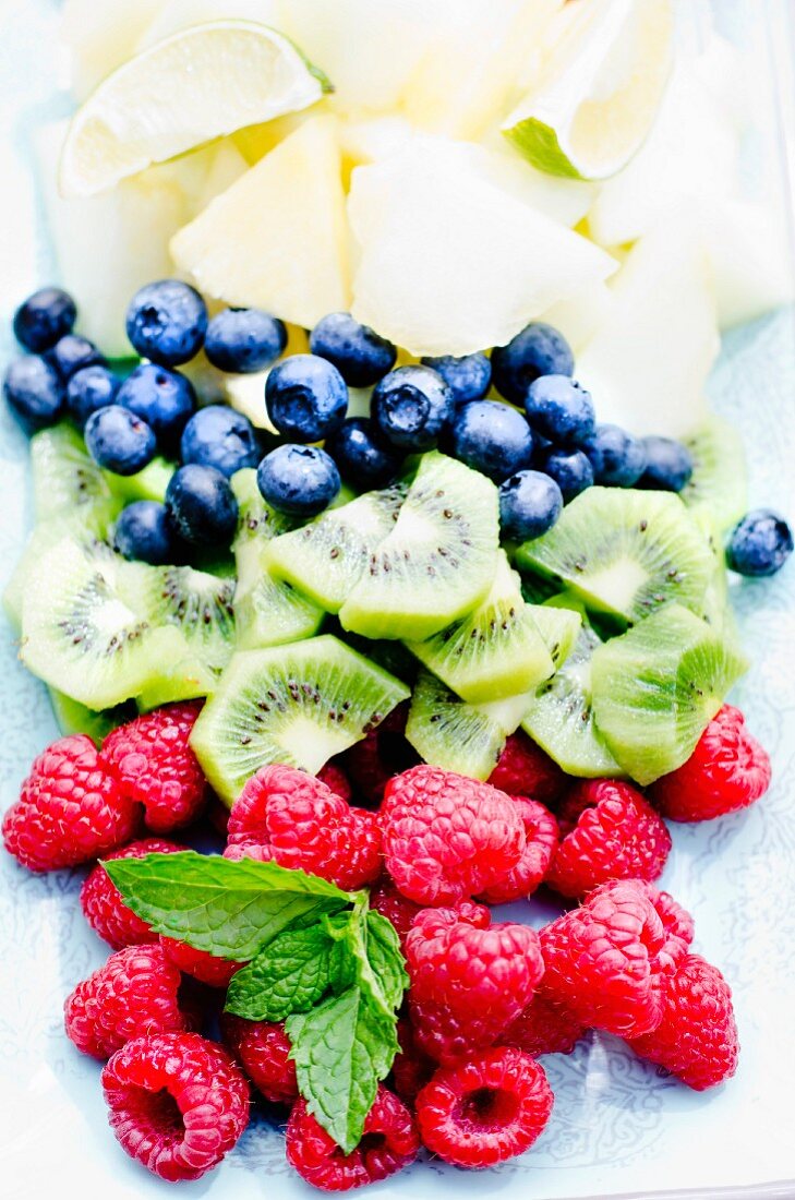 Frisches Obst (Blaubeeren, Kiwi, Himbeeren) mit Minzeblättchen