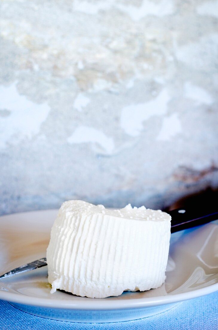 Homemade ricotta on a plate with a knife