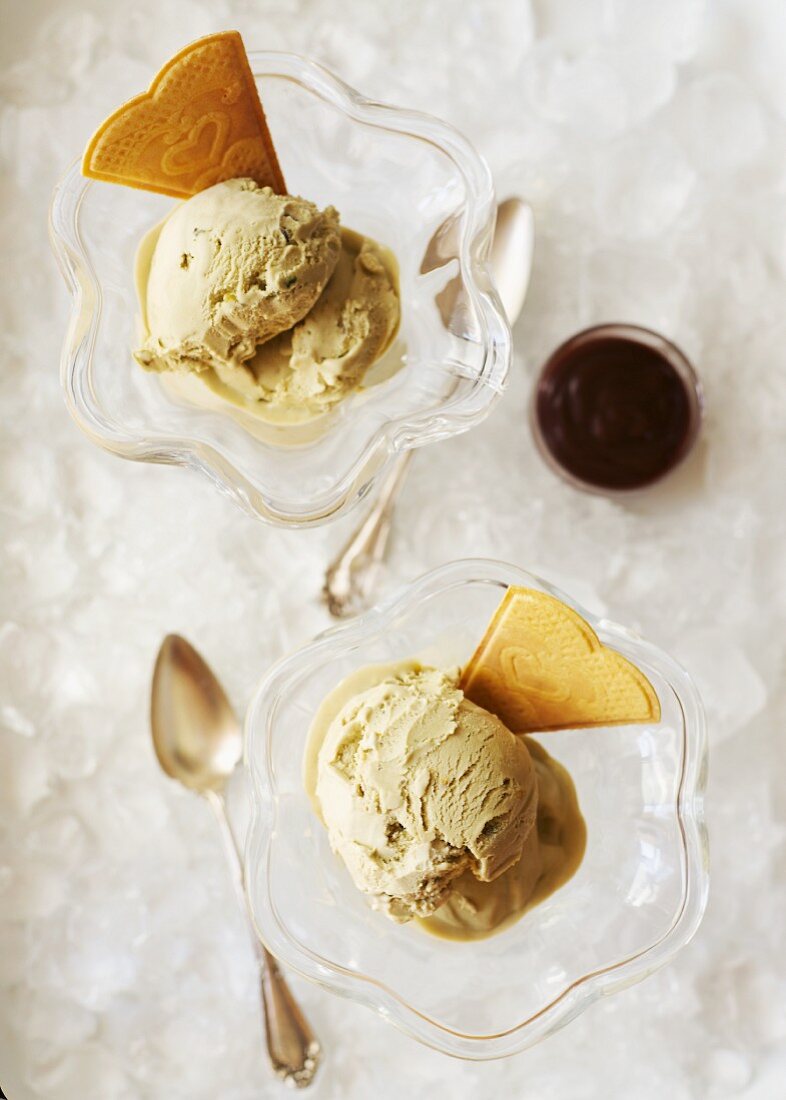Pistachio ice cream with wafers
