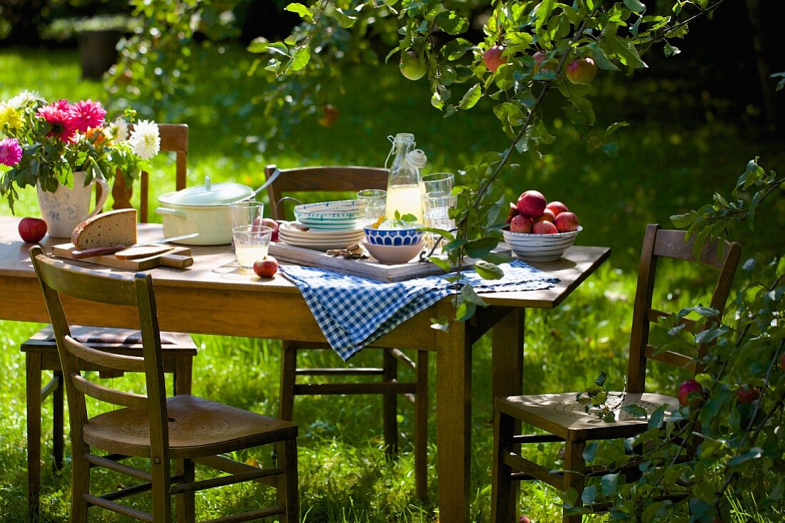 Tray of crockery on wooden plate below apple tree