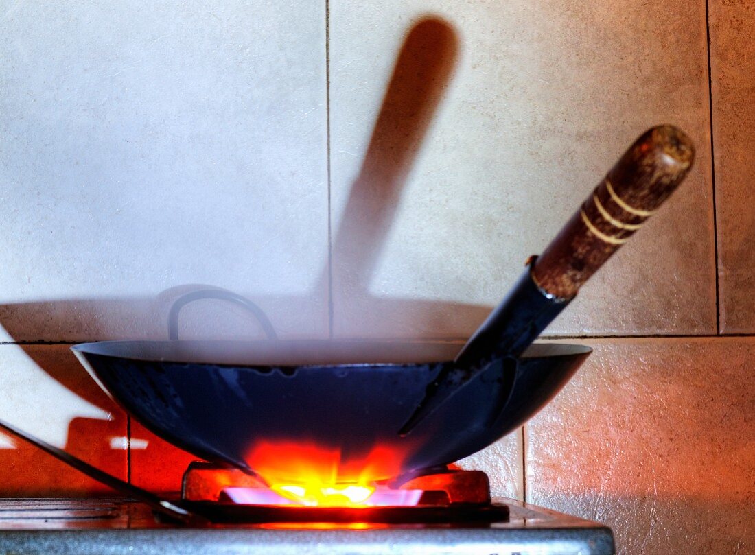 A wok on a gas cooker