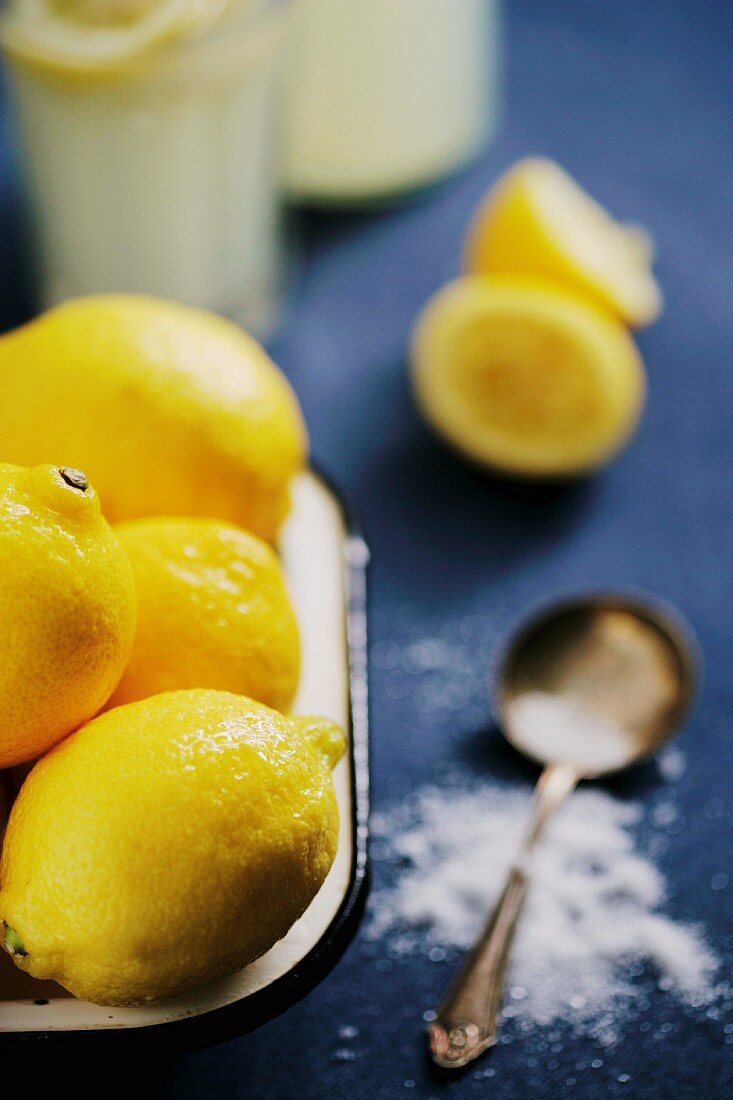 Lemons, sugar and homemade lemonade