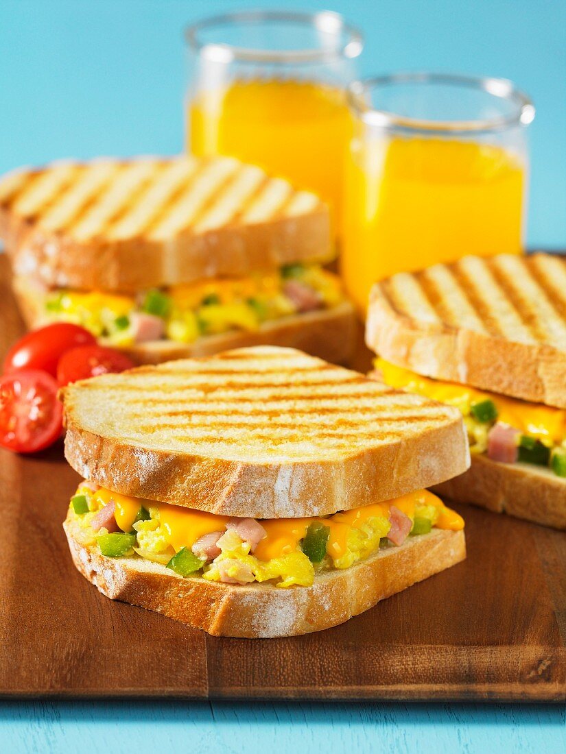 Toasted scrambled egg and cheese sandwiches