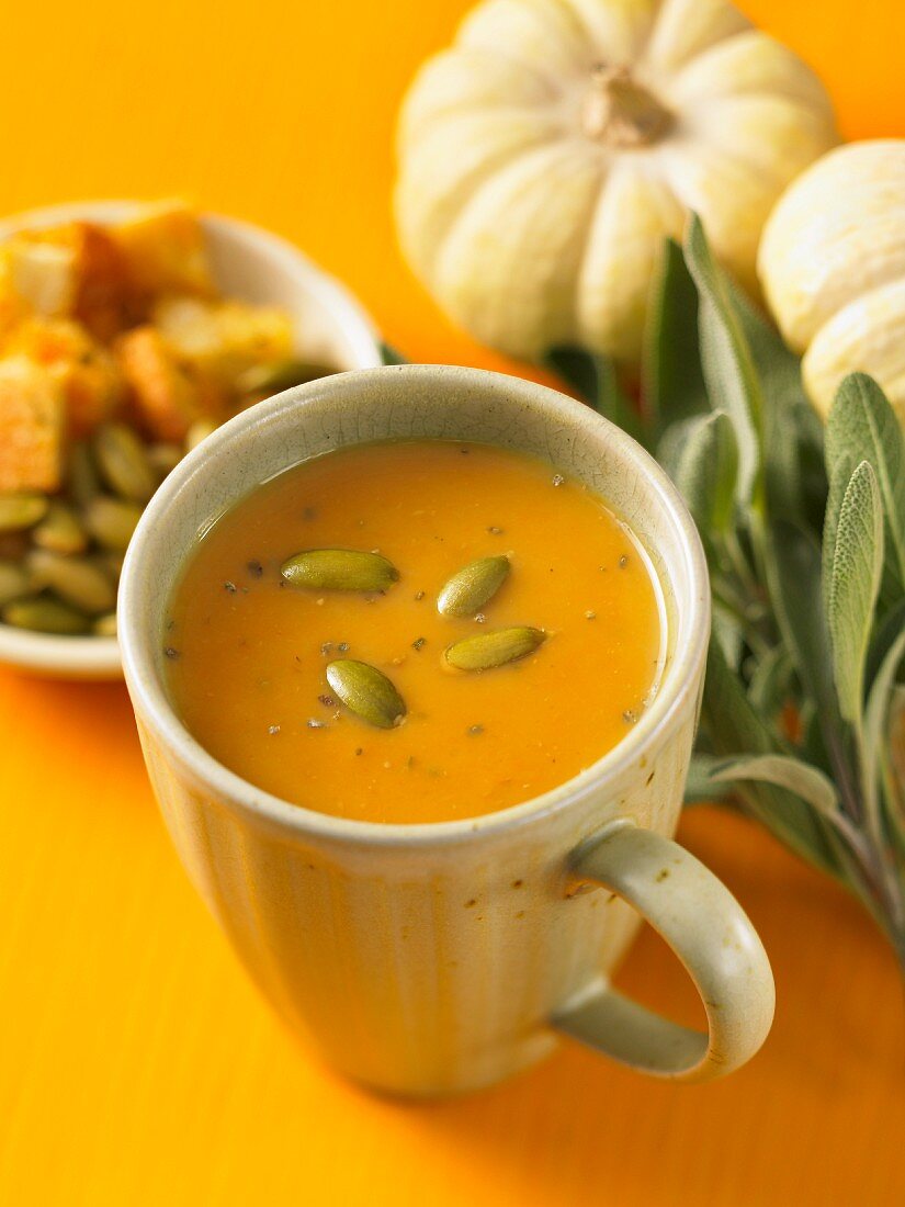Pumpkin soup with sage and pumpkin seeds