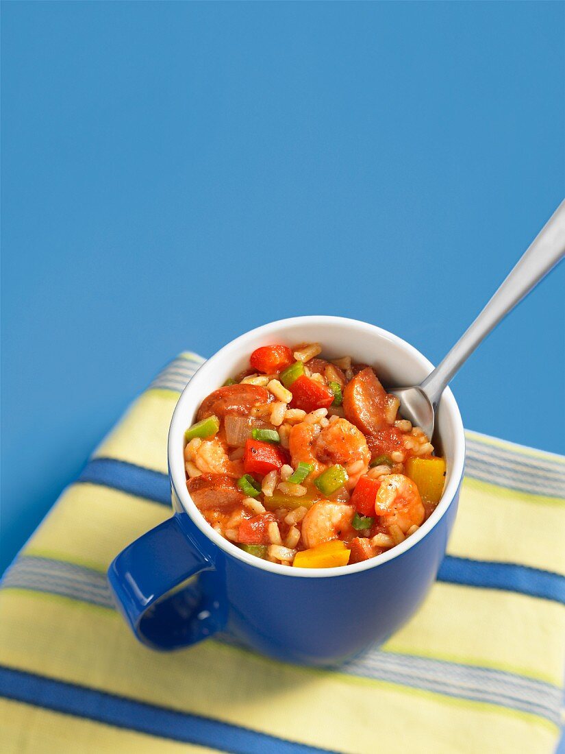 Jambalaya with brown rice, shrimps and sausage