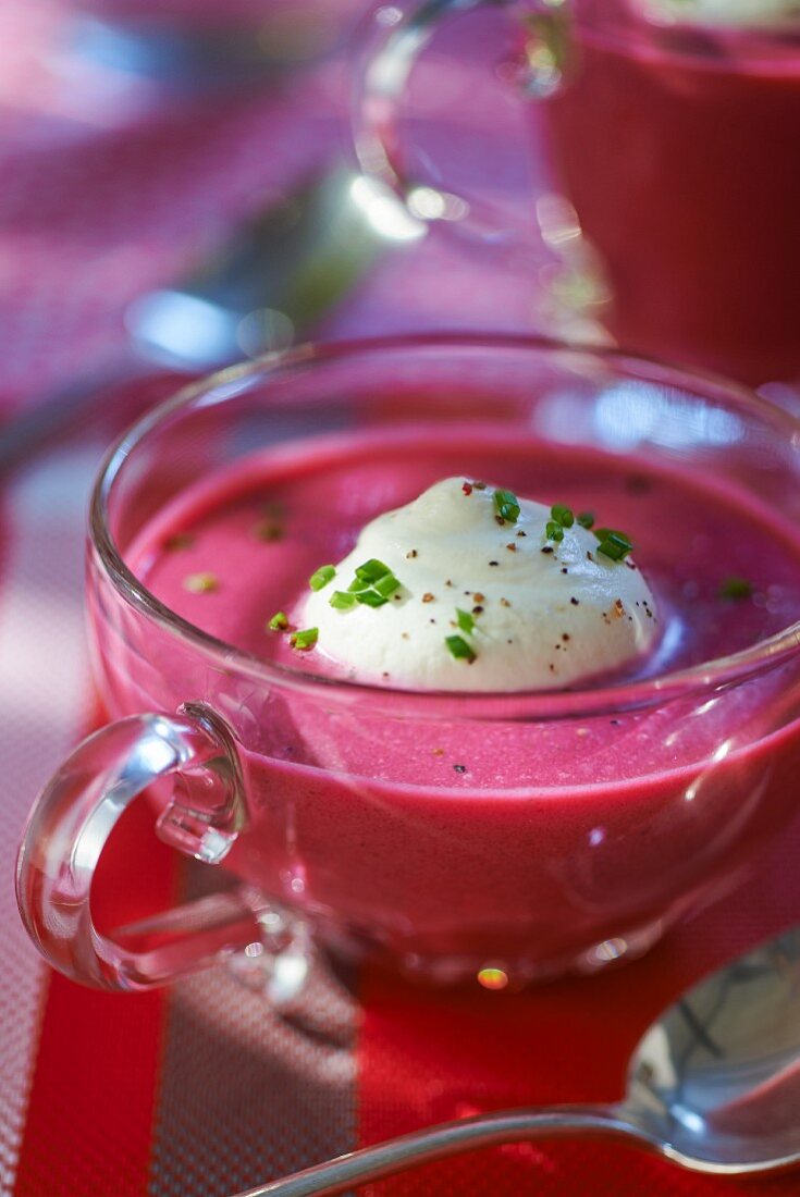 Cream of beetroot soup with horseradish foam