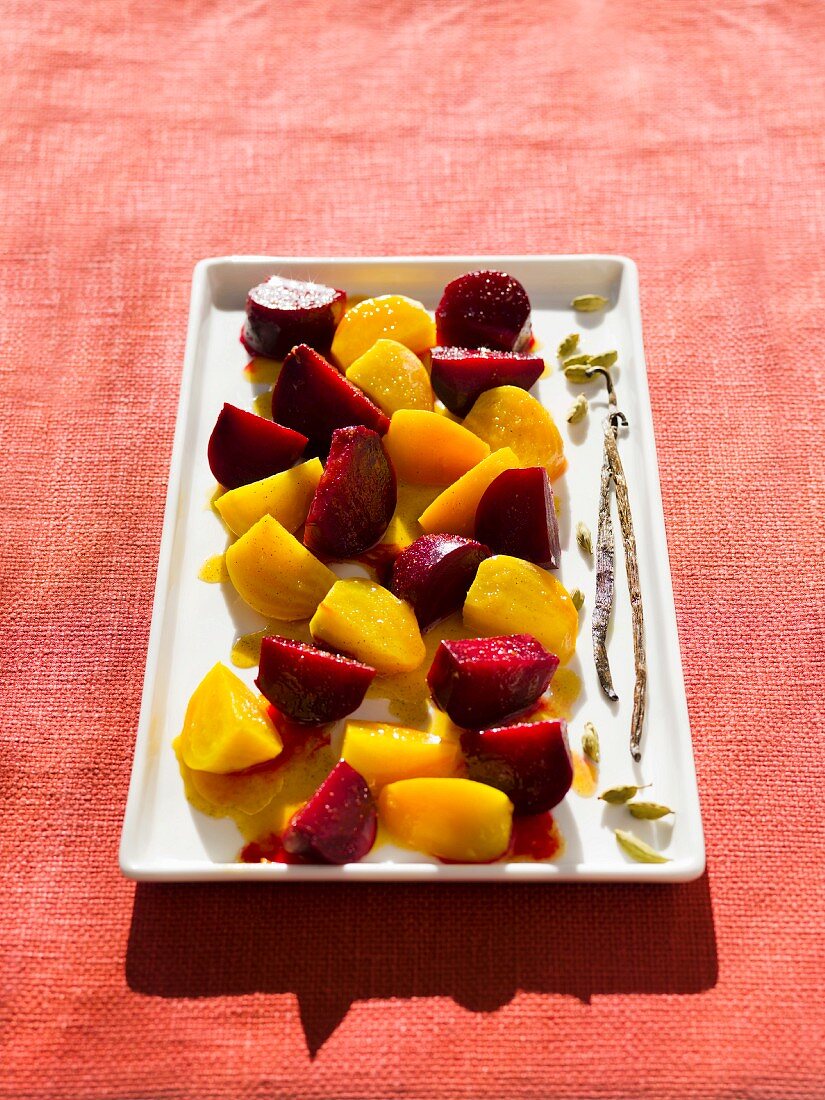 Marinated red and yellow beets