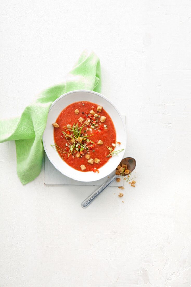 Gazpacho with croutons (seen from above)