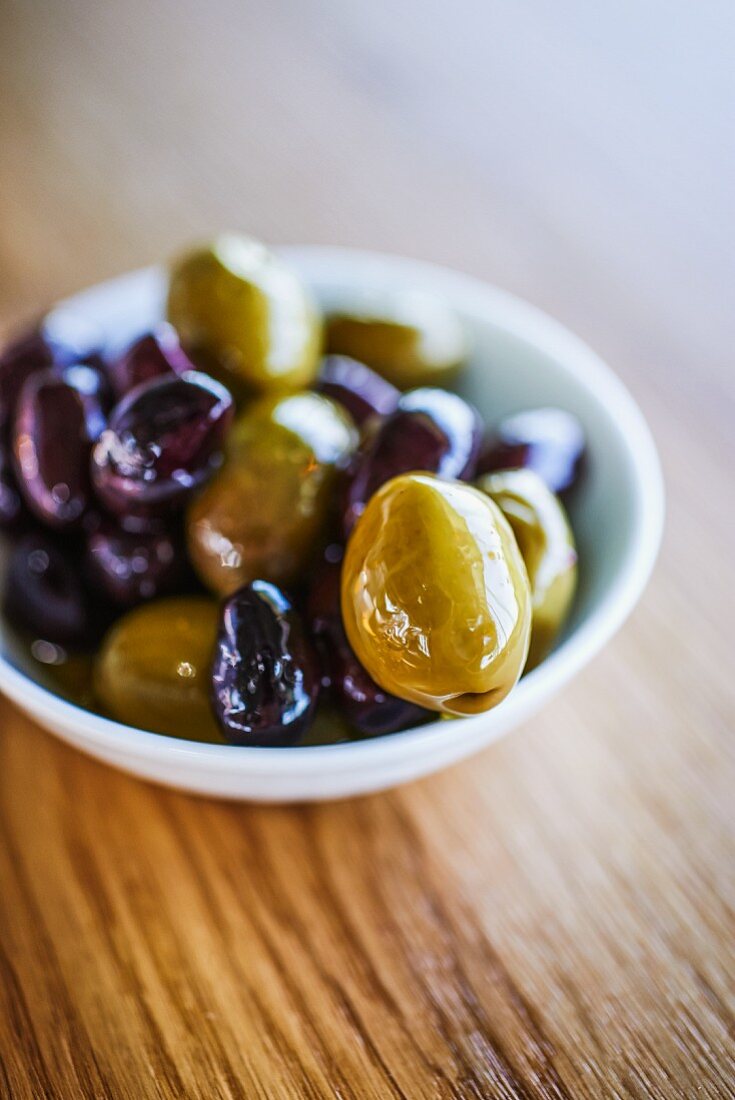Marinated olives in a small bowl
