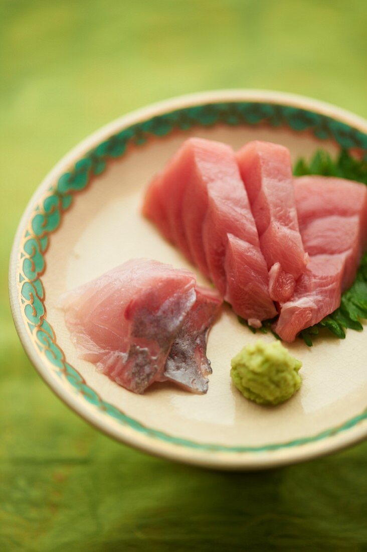 Sashimi on leaves with wasabi (Japan)