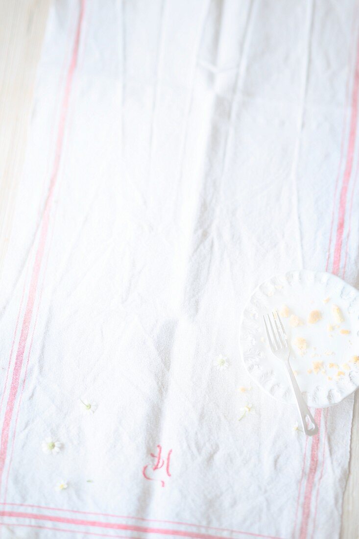 A tea towel and a plate of cake crumbs