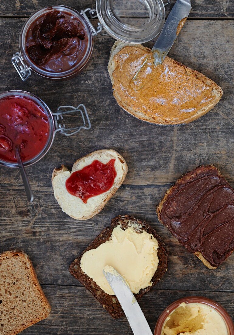 Plum jam, hazelnut butter and chocolate spread