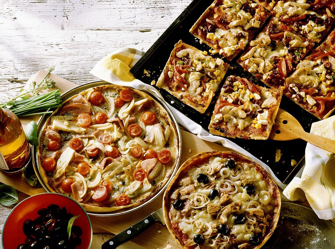 Ham and Fennel Pizza, Chicken Pizza and Tuna and Olive Pizza