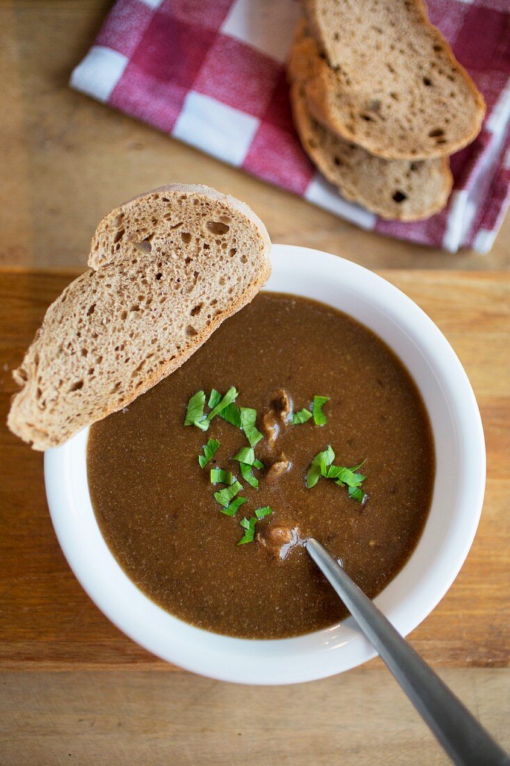 Goulash soup with a slice of bread