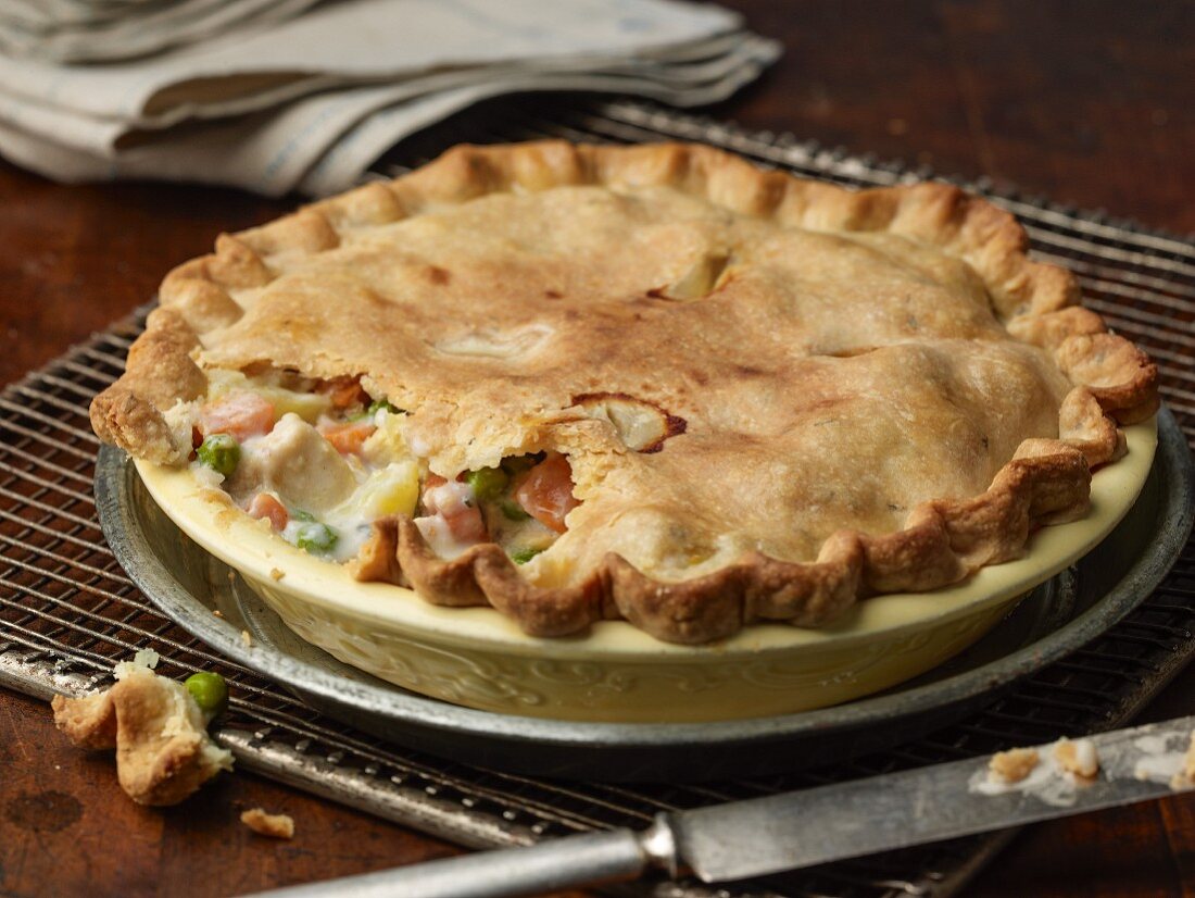 Chicken pie with carrots, peas and potatoes