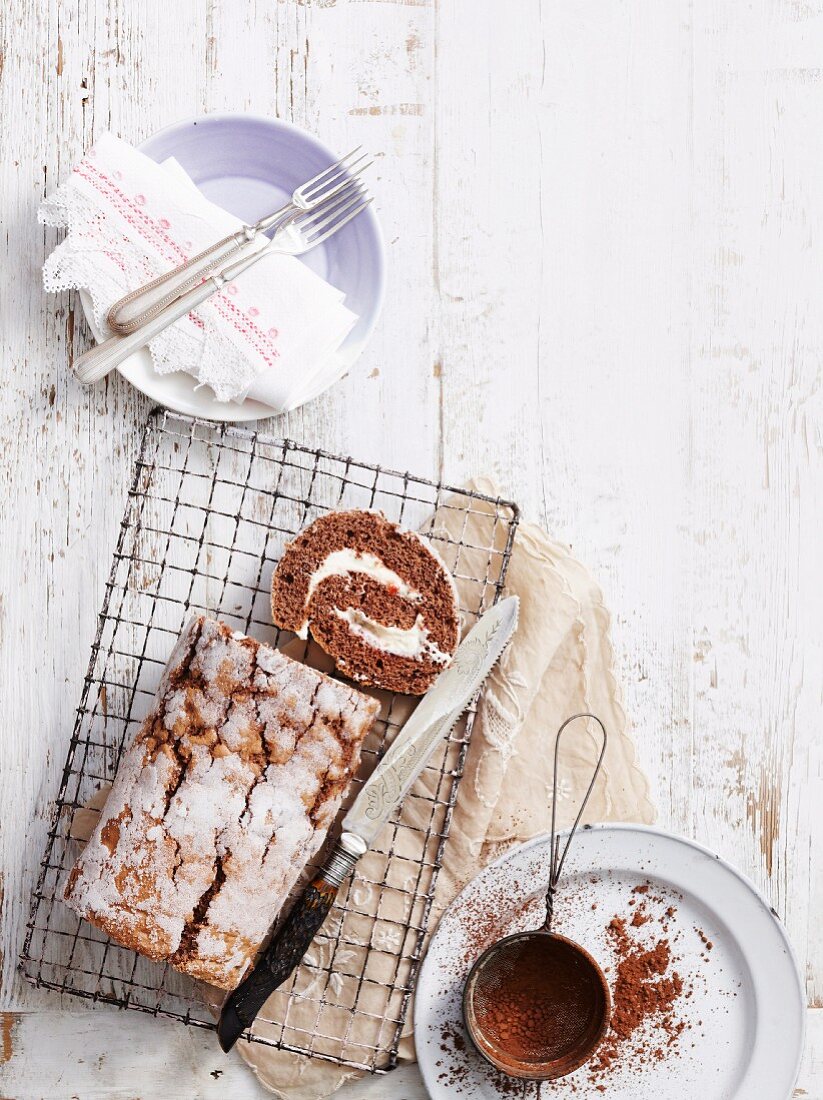 Chocolate roll dusted with cocoa powder