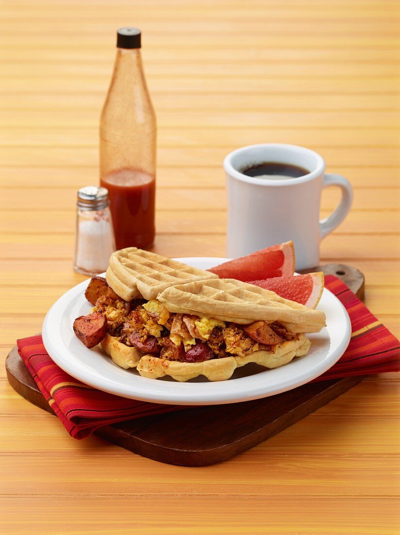 A waffle taco filled with bacon, potatoes and rape seed oil (USA)
