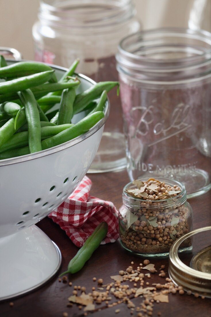 Frische grüne Bohnen in weißem Küchensieb und Gewürze zum Einlegen