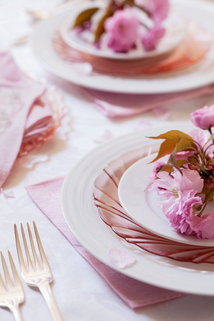 Pink cherry blossoms on place settings at a wedding party (close-up)