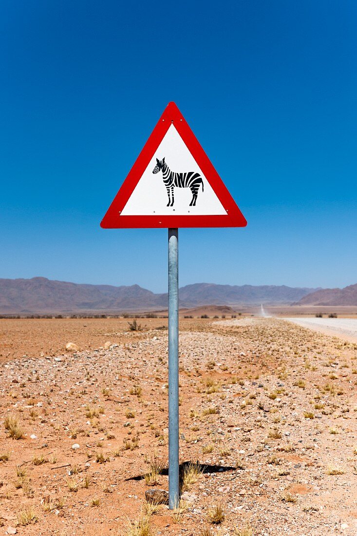 A road sign: Beware of zebras, NamibRand private reserve, Namibia