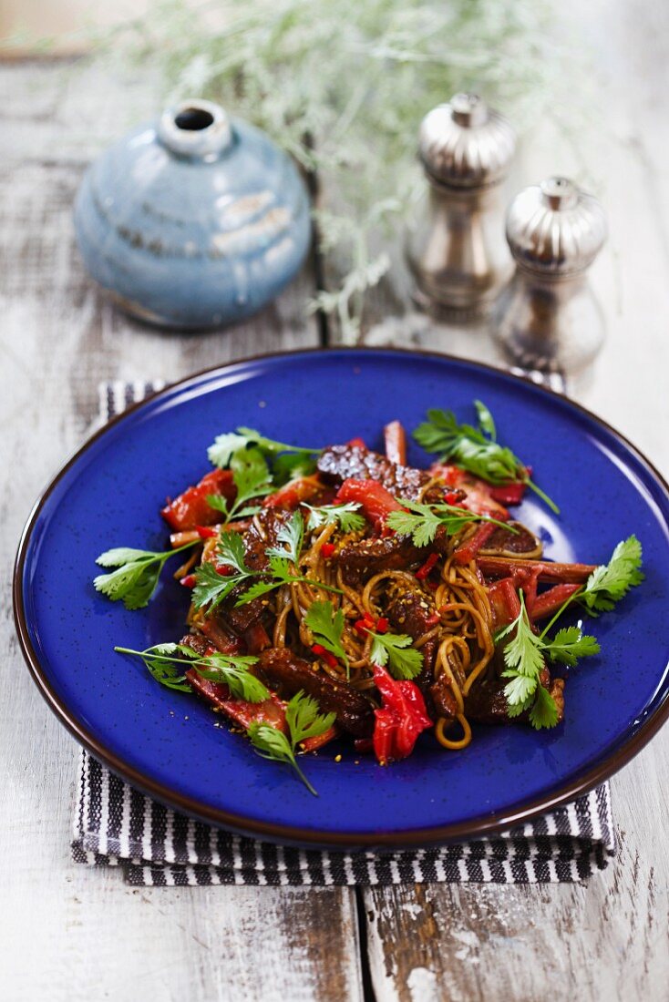 Pork fillet with spaghetti and rhubarb