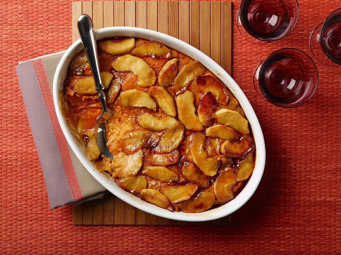 Caramelised sweet potato and apple bake with honey