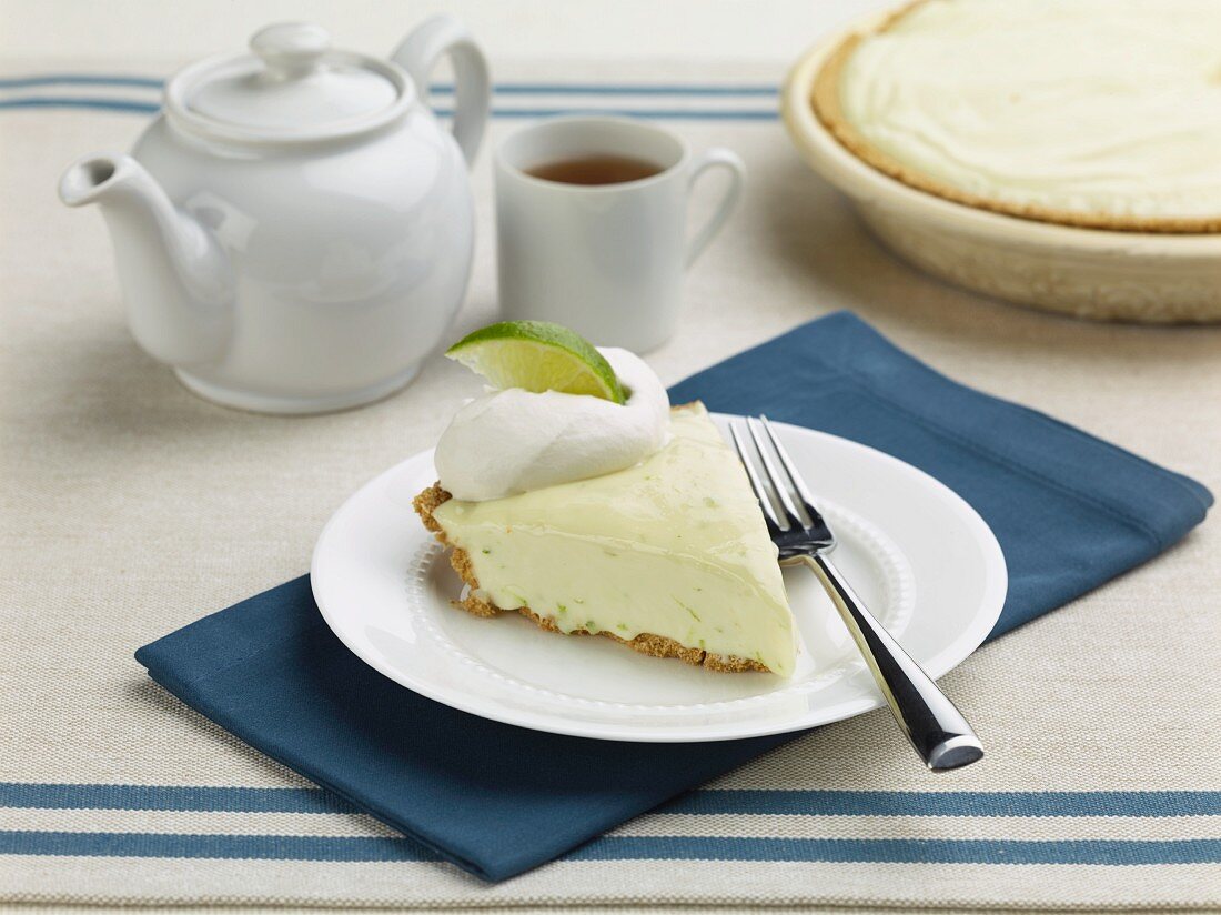 Key Lime Pie with cream and a cup of tea