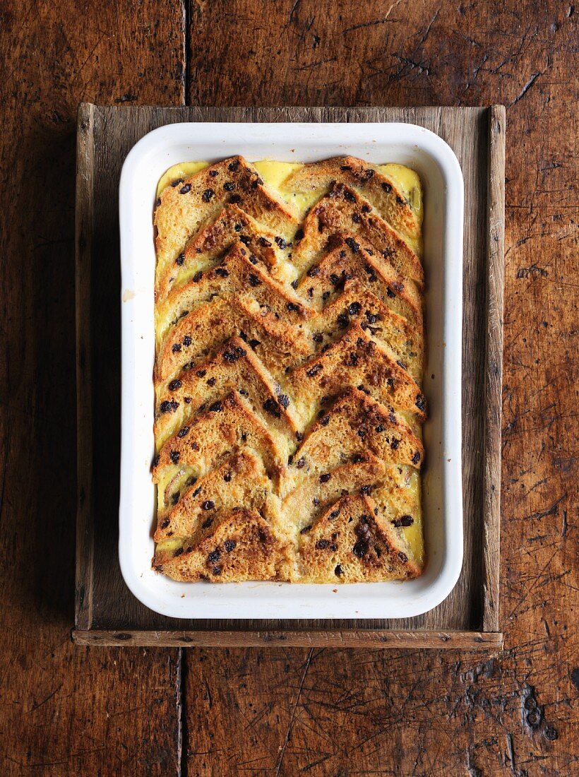 Bread and butter pudding in a baking dish (England)