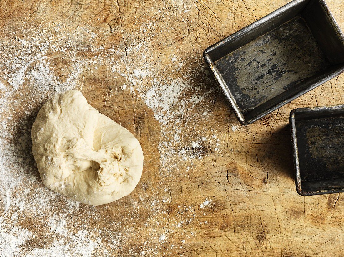 Bread dough and two baking tins