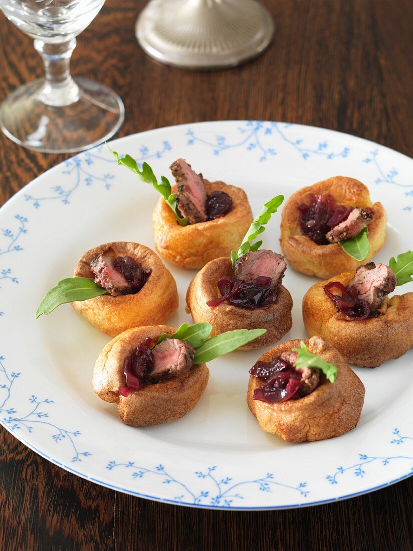 Yorkshire puddings with onions chutney and beef