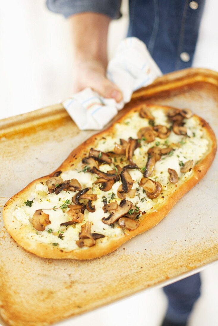 A pizza with ricotta, mushrooms, thyme and mozzarella