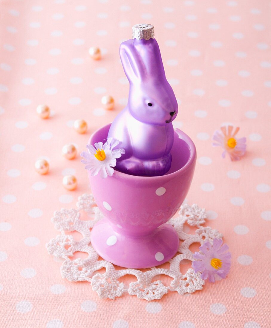 A purple Easter Bunny in an egg cup