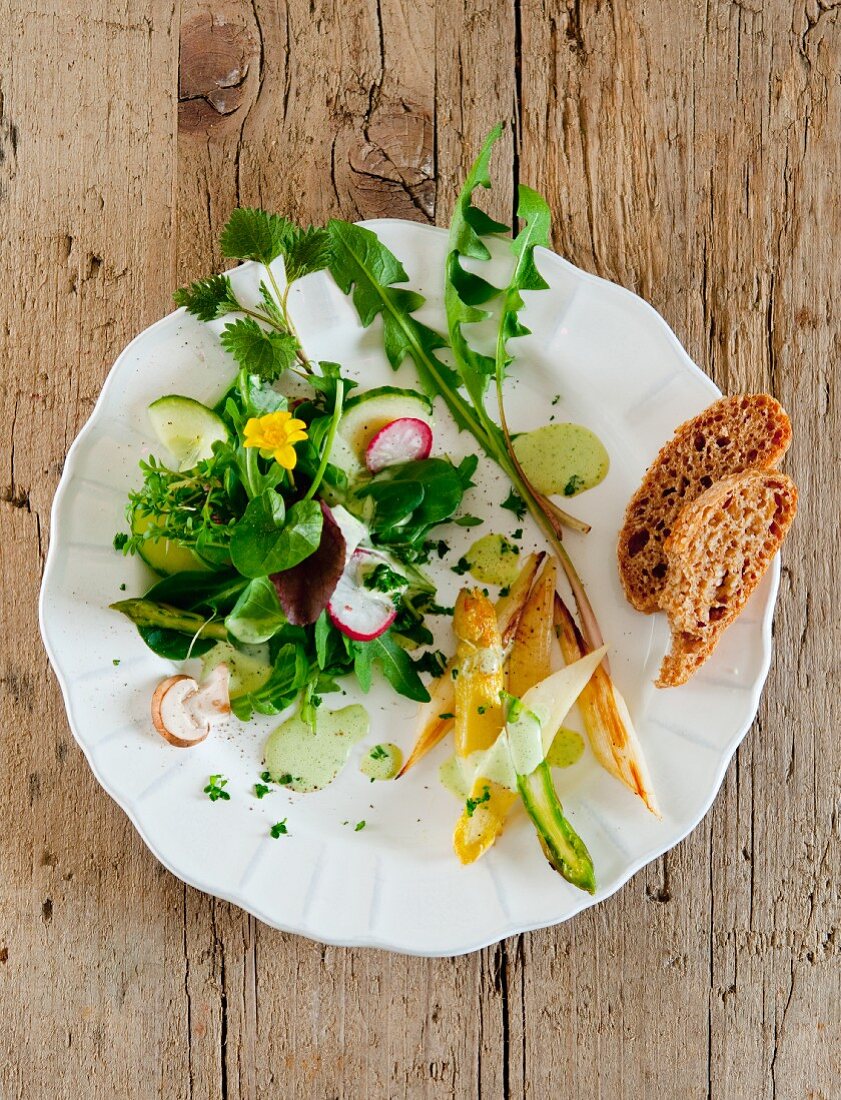 Wild herb salad with asparagus