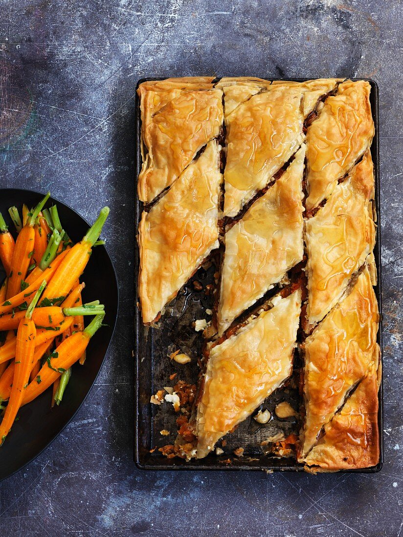 Baklava with carrots, dill, almonds and feta cheese