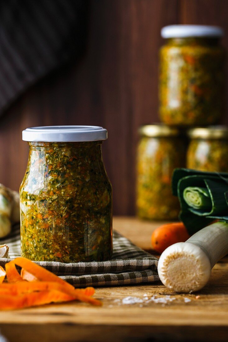 Jars of homemade soup seasoning