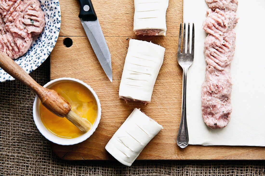 Sausage rolls being made