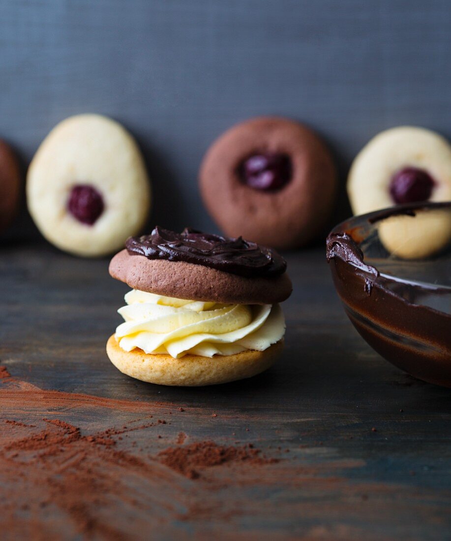 Black and white whoopie pies filled with cream
