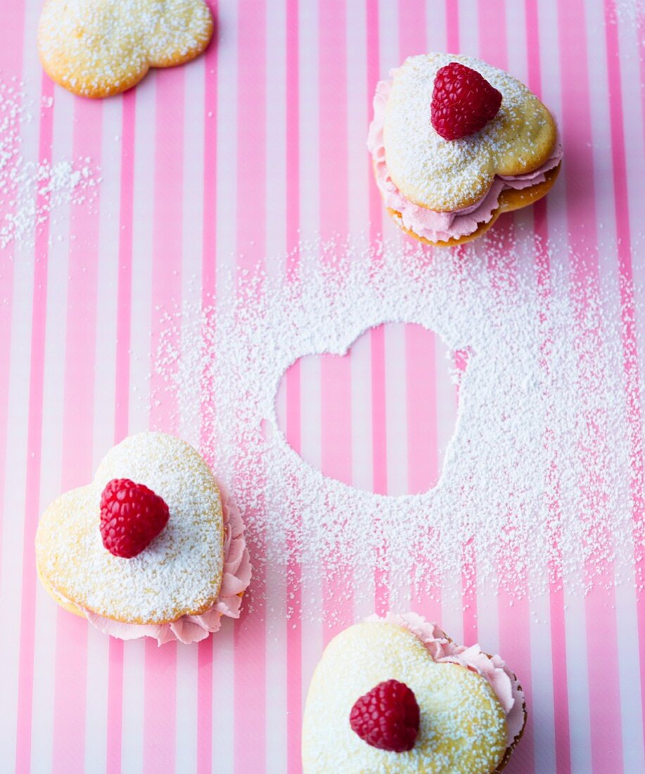 Heart-shaped Valentine's Day whoopie pies filled with raspberry cream