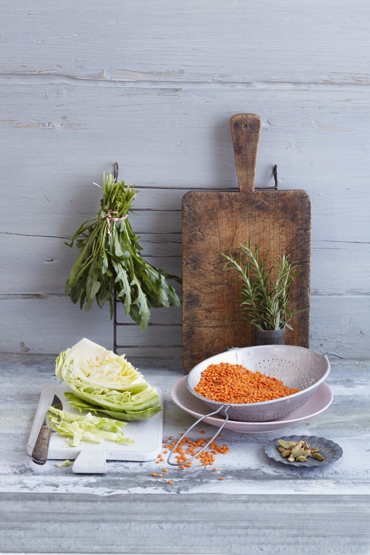 An arrangement of white cabbage and red lentils