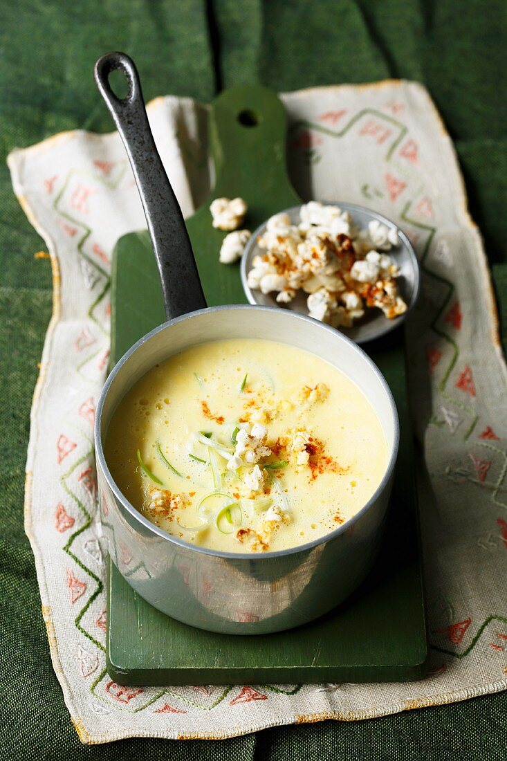 Cheese soup with sweetcorn and chilli popcorn