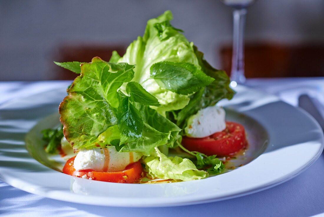 Blattsalat mit Büffelmozzarella und Tomaten