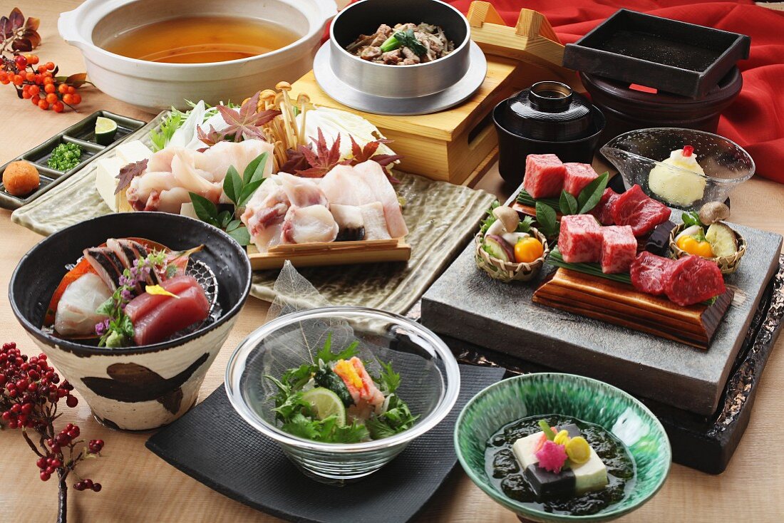 Traditionelle Gerichte aus Japan: Rindfleisch, Hähnchen, Tofu, Sashimi und Salat