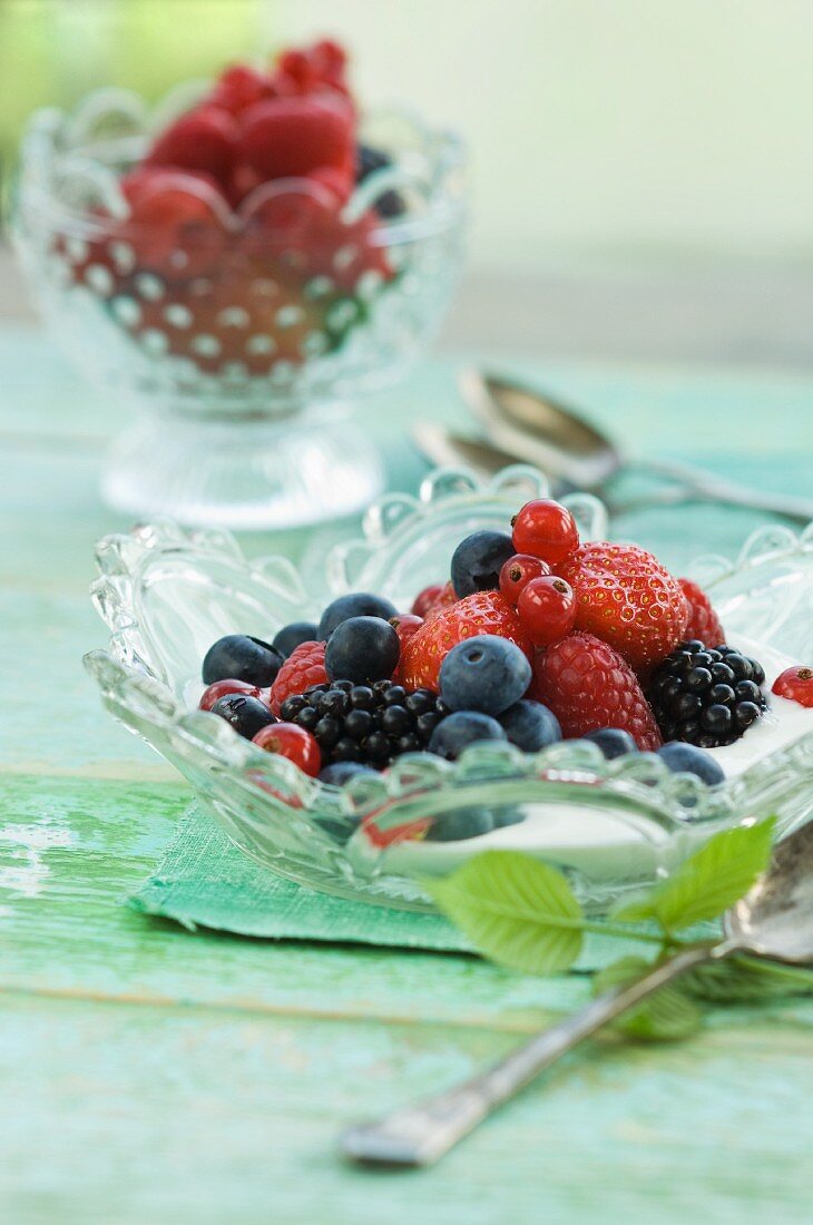 Joghurt mit frischen Früchten (Erdbeeren, Johannisbeeren, Brombeeren, Himbeeren, Blaubeeren) in Glasschale